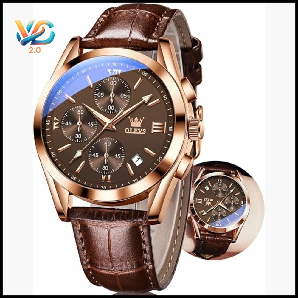 Men's Leather Chronograph Watch Waterproof Large Face Analog Quartz